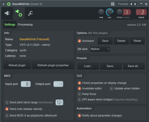 BassMidi plugin setup, showing MIDI input port set to 0.