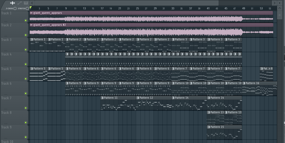 Screenshot showing the Giga Size cover setup consisting of source tracks and patterns for MIDI tracks.