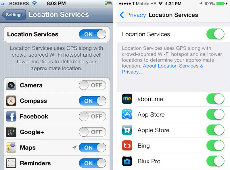Skeuomorphic, fig. iOS 6. Flat design, fig. iOS 7. Pictured: Location services menu.