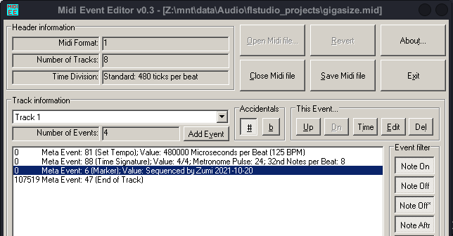 Nineko's MIDI Event Editor showing a few meta events.