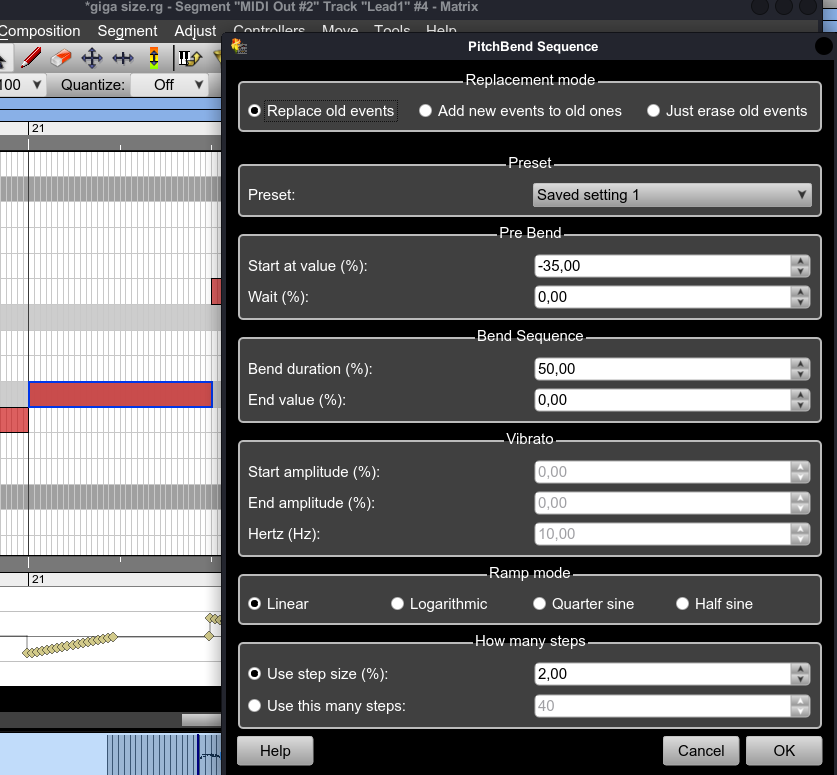 Rosegarden pitch sequence settings