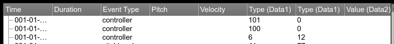 The event editor showing three specific events: controller 100 and 101 set to 0, and controller 6 set to 12.