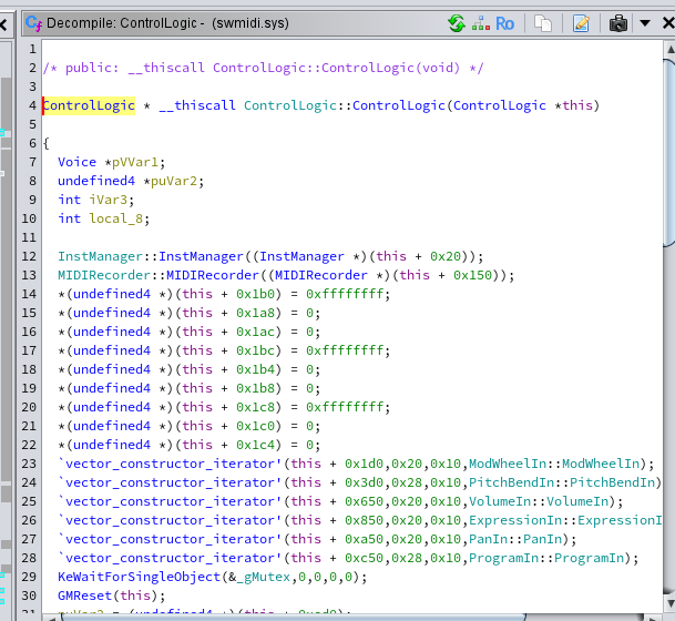 Ghidra decompilation window showing the ControlLogic constructor.