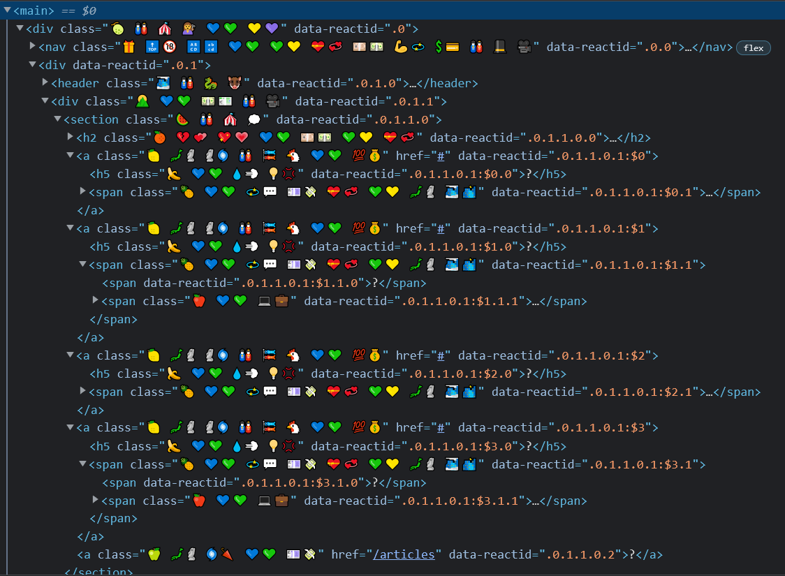 A view of Chrome developer tools, showing HTML code where 80% of it are filled with random emojis