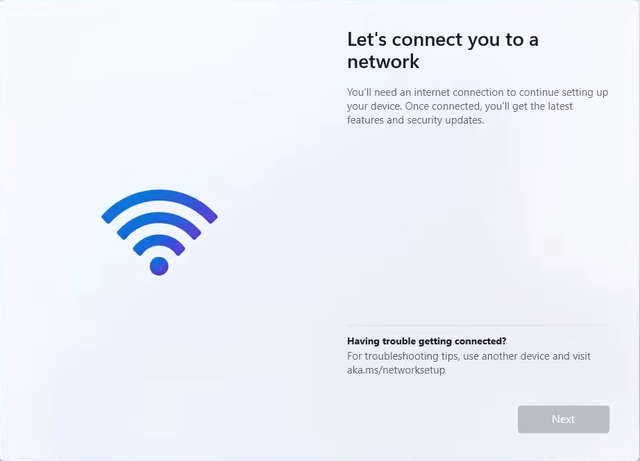Windows 11 OOBE blocking progress until an internet connection is detected
